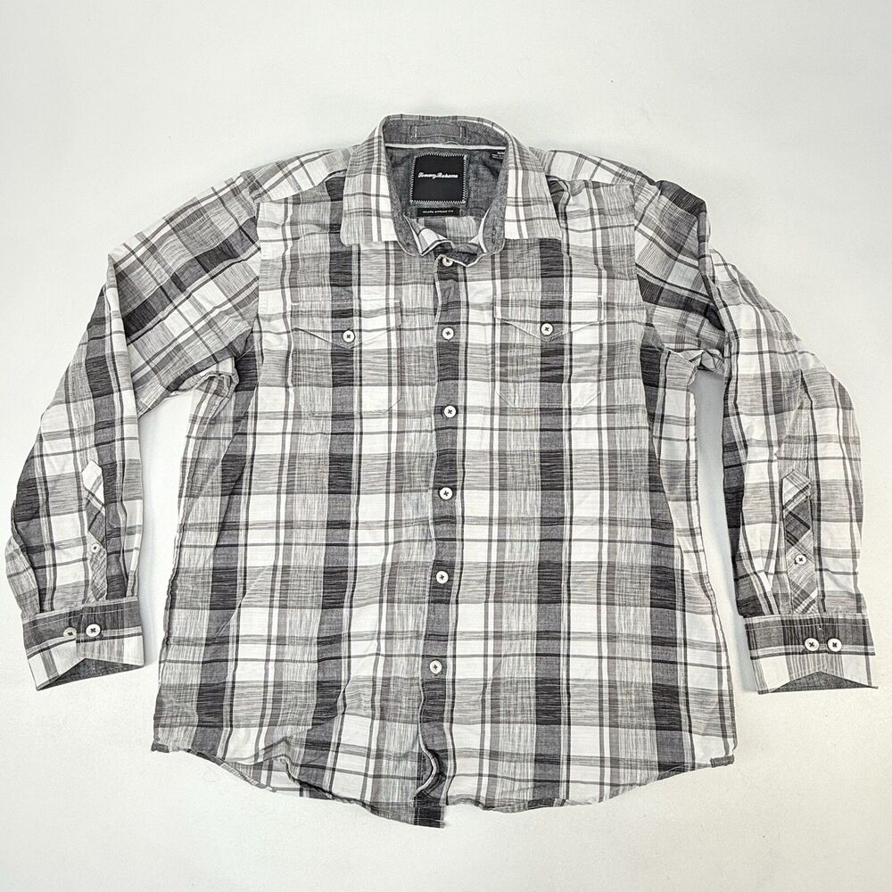 Tommy Bahama Button Shirt Medium Black White Plaid Long Sleeve Island Modern Fit